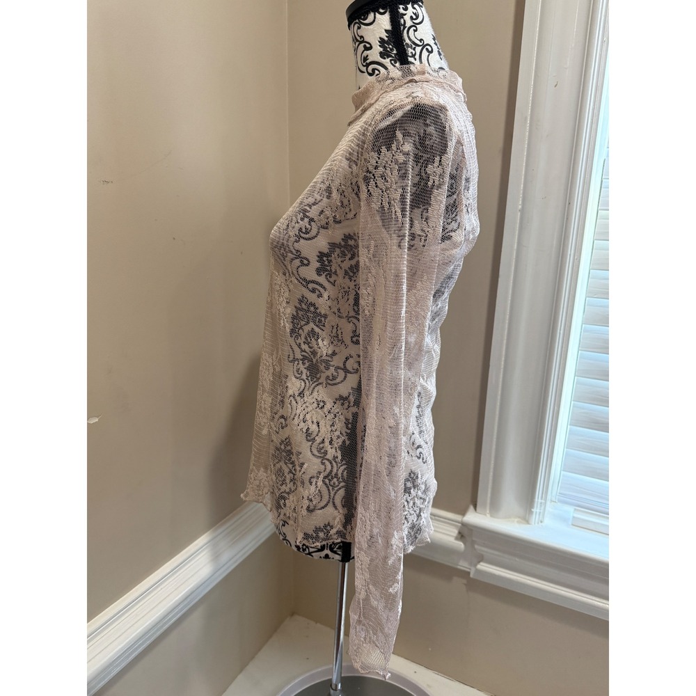 Womens Beige Lace Damask Mock Neck Sheer Long Sleeve Top Size S Whimsygoth - Picture 4 of 9